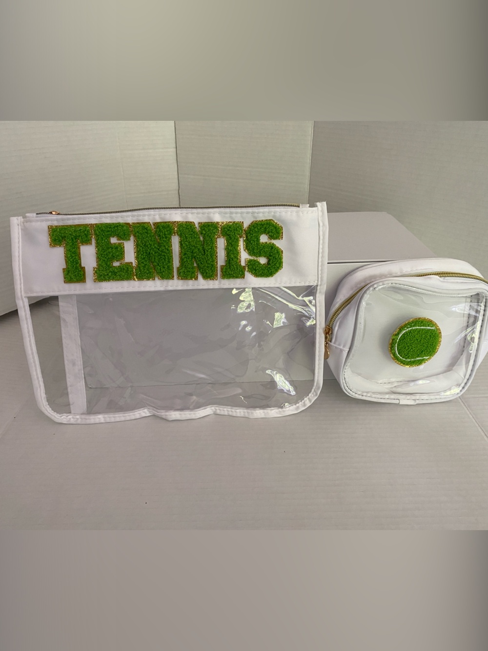 White Clear Tennis Cosmetic Travel Bags with Green Tennis Appliqué